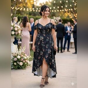 Woman Yoins Black Floral Cold Shoulder Maxi Dress Size Large